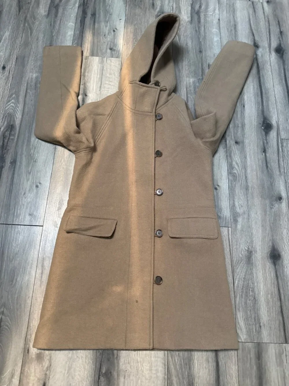 J. Crew Wool Blend Hooded Button Front Coat In Camel Size 4 Fully Lined Made In - Picture 7 of 12